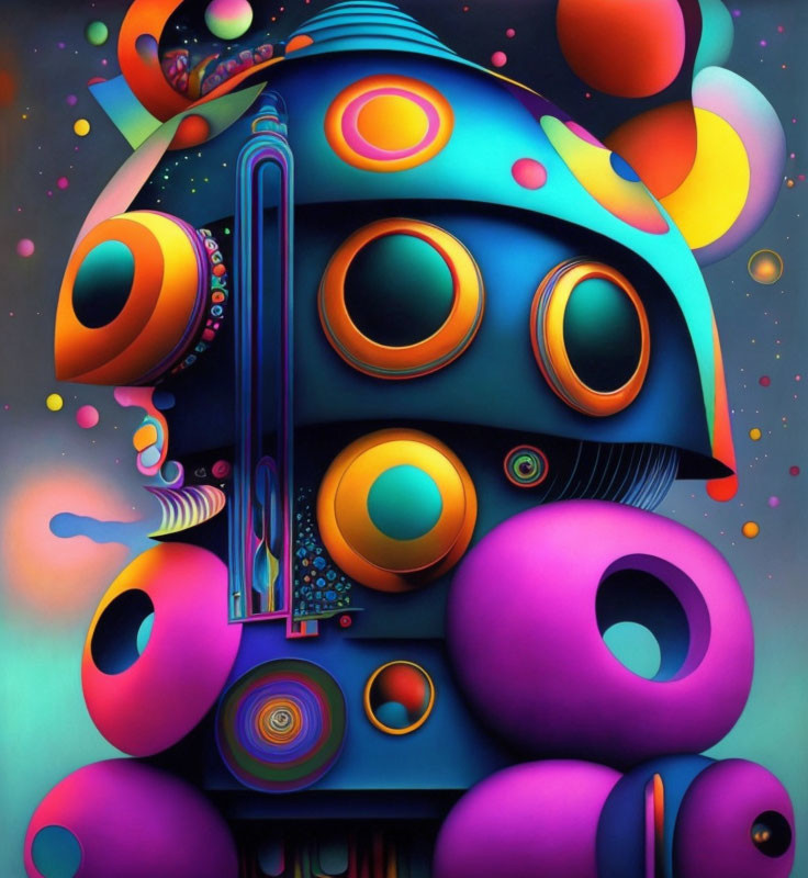 Colorful surreal art with central structure and cosmic spheres.