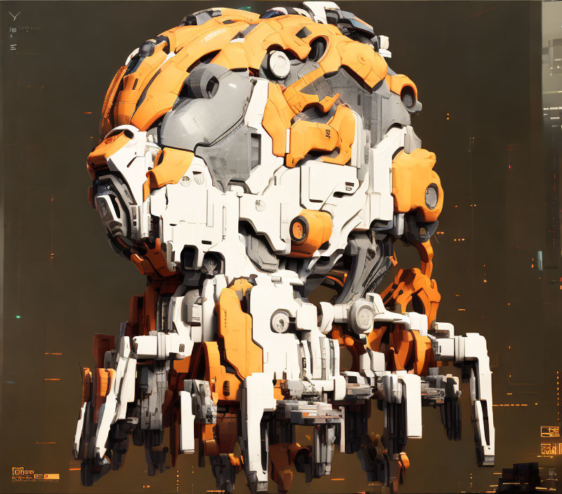 Detailed digital art: Massive spherical robotic entity with orange and white paneling and leg-like extensions