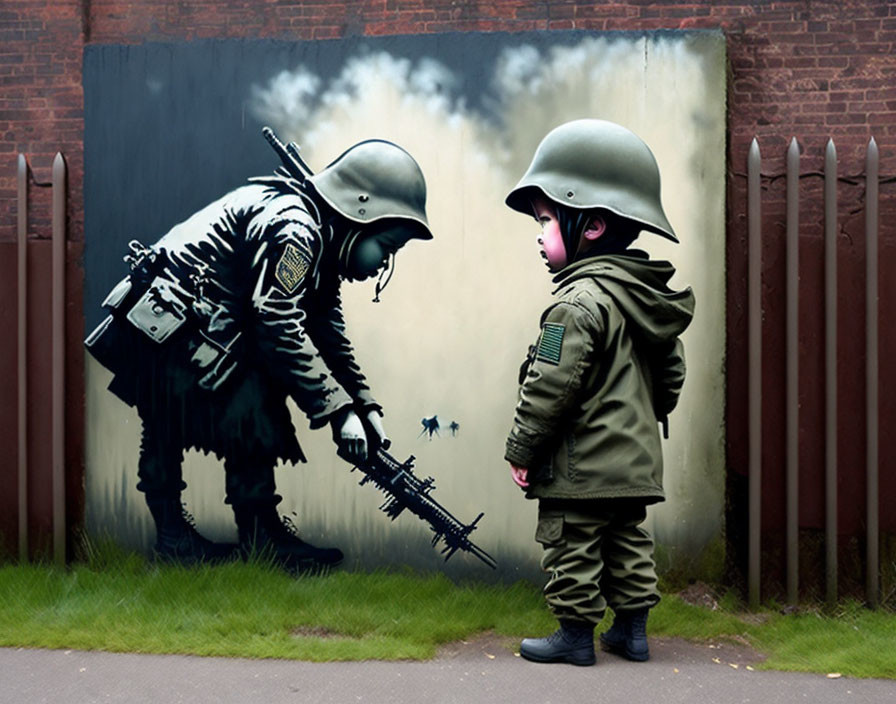 Child in military outfit interacts with soldier mural beside blue flower