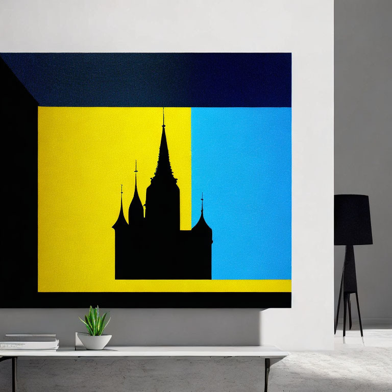 Contemporary Room with Large Abstract Building Silhouette Painting