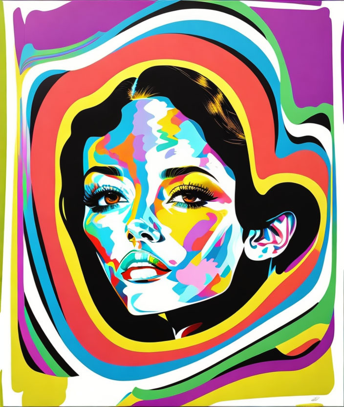 Vibrant Pop Art Portrait with Swirling Colors and Patterns