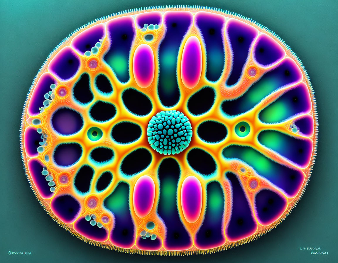 Detailed Colorful Diatom Illustration with Purple, Yellow, and Blue Hues