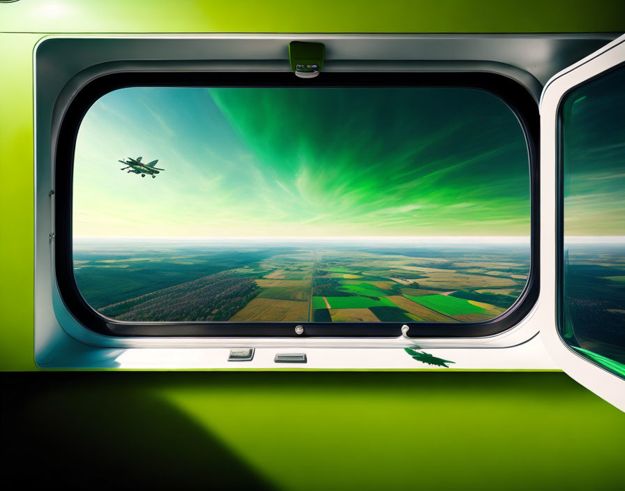 Futuristic aircraft window view of green aurora and landscape with distant aircraft