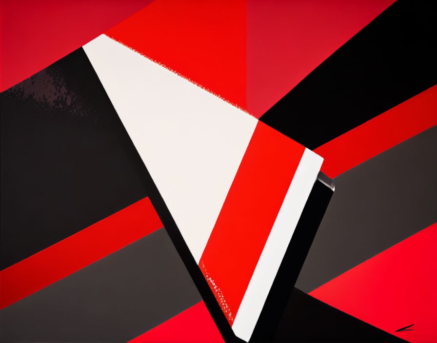 Vibrant geometric painting with red, black, and white shapes and sharp angles