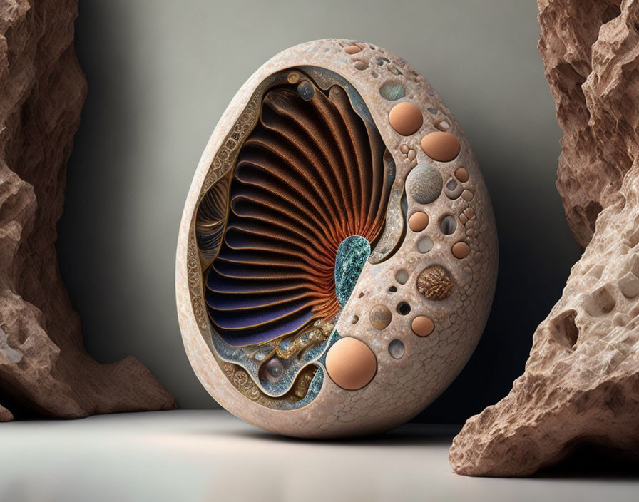 Abstract digital art: intricate spherical object between rock formations