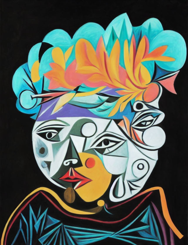 Abstract portrait with geometric shapes and vibrant feathers in Cubist style.