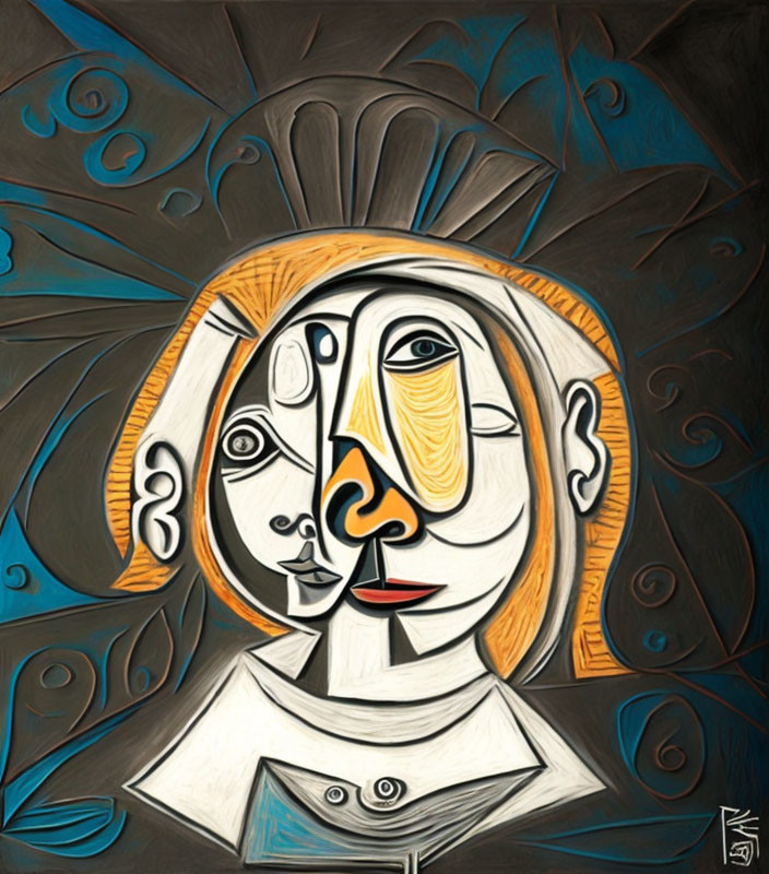 Cubist portrait with earthy tones and swirling blue patterns