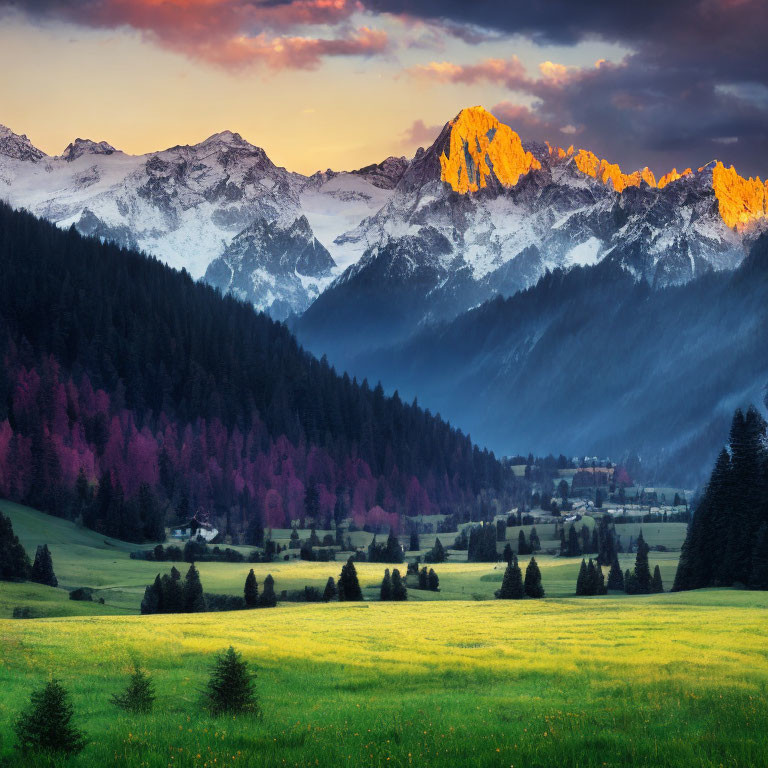 Snow-capped mountains and lush landscape at twilight