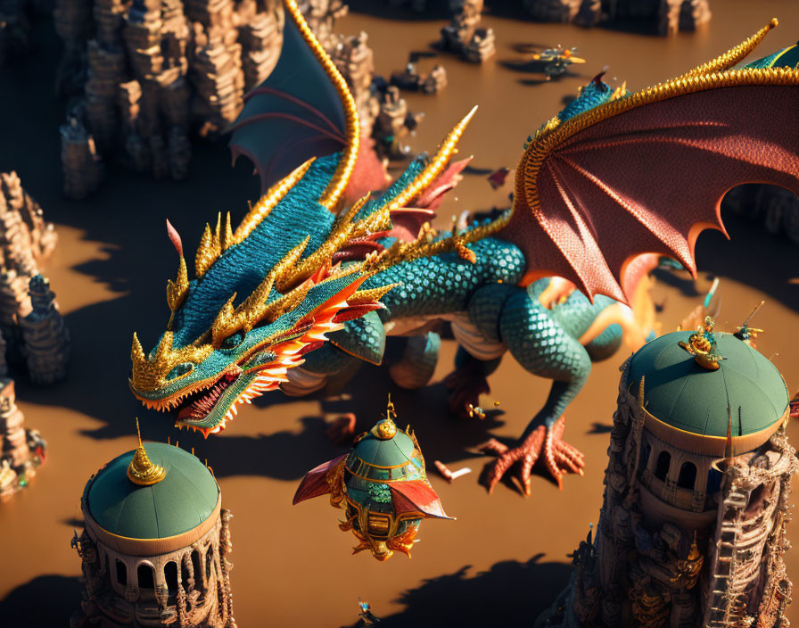 Majestic dragon flying over ancient cityscape with water canals