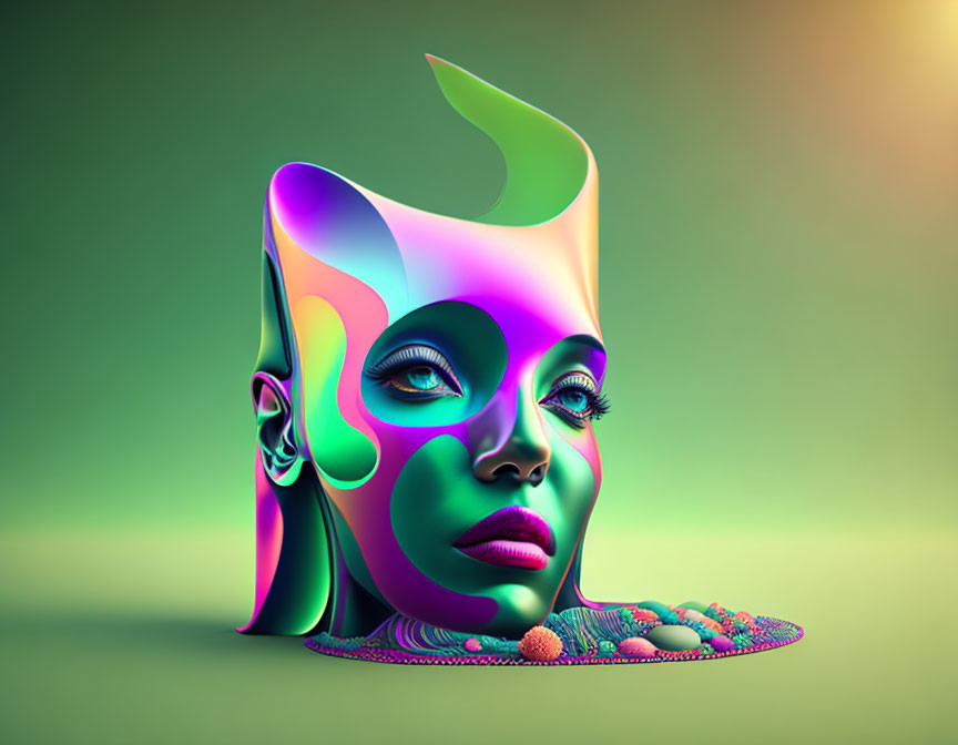 Colorful digital artwork featuring stylized female face and green hair flick