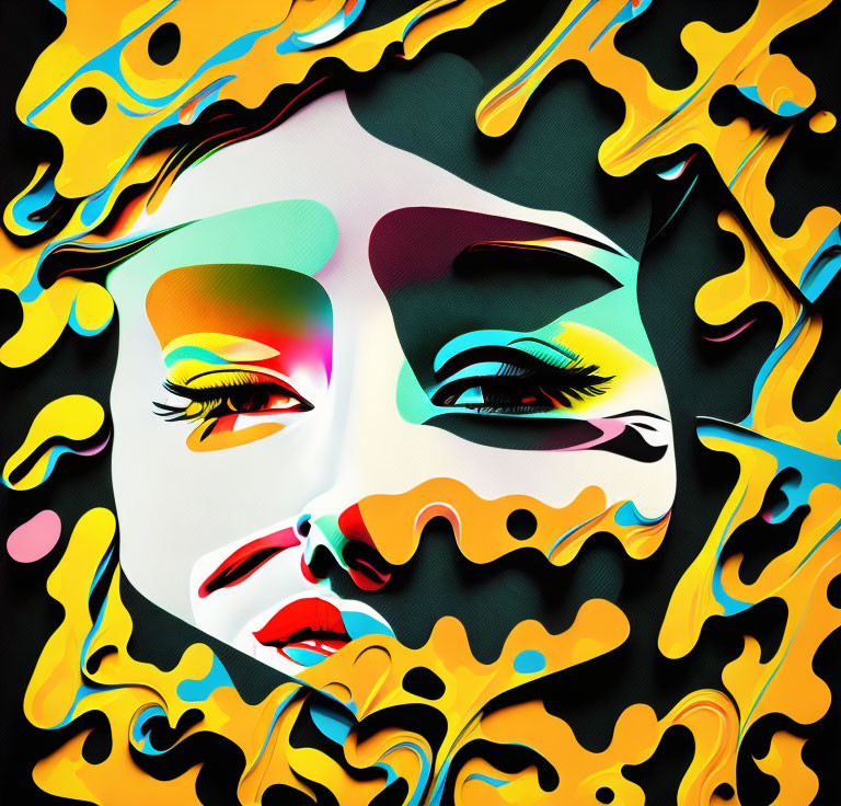 Colorful Abstract Graphic: Fragmented Woman's Face in Psychedelic Patterns