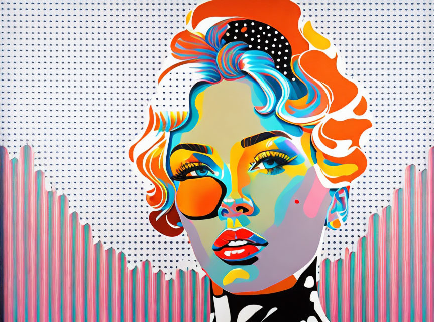 Vibrant pop art portrait of woman with colorful hair and polka dot headband