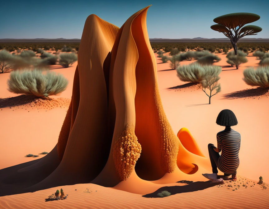 Surreal desert landscape with vibrant flora and organic shapes