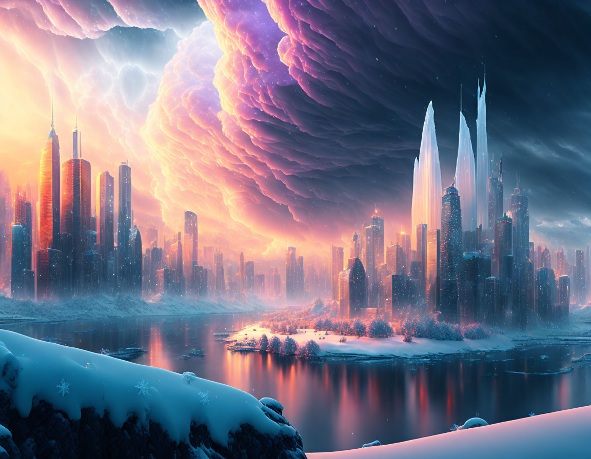 Futuristic cityscape with skyscrapers, snowy foreground, fiery sky & dramatic clouds