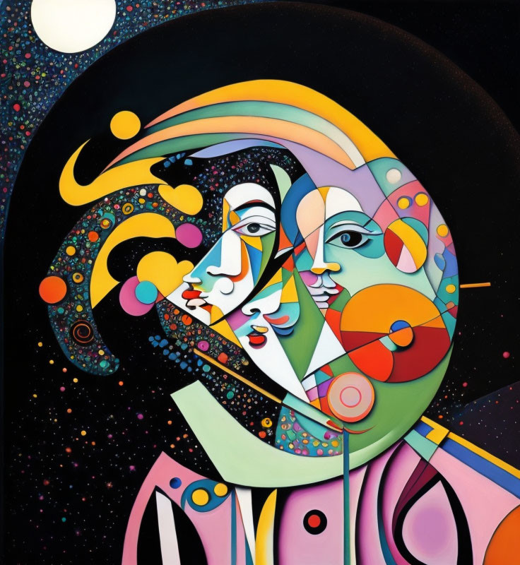 Colorful Surrealist Painting of Stylized Faces & Geometric Shapes