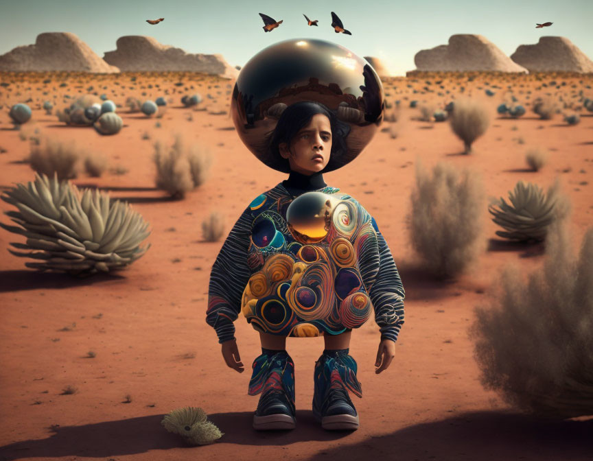 Reflective spherical helmet person in surreal desert landscape