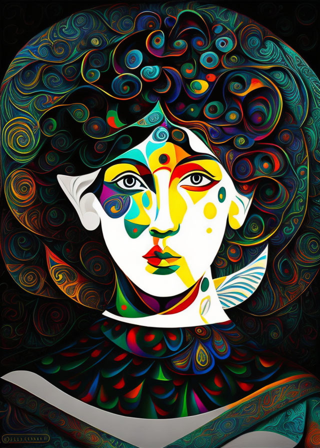 Colorful Stylized Portrait of Female Figure with Swirling Patterns