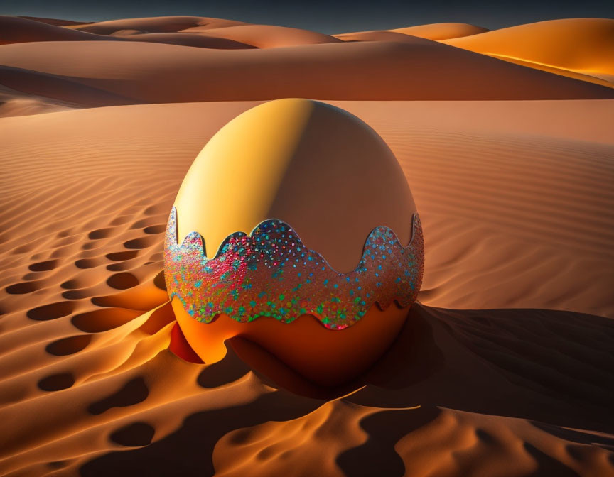 Golden egg with colorful liquid on sand dunes under clear sky