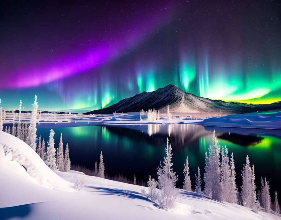 Majestic aurora borealis over snowy mountain landscape