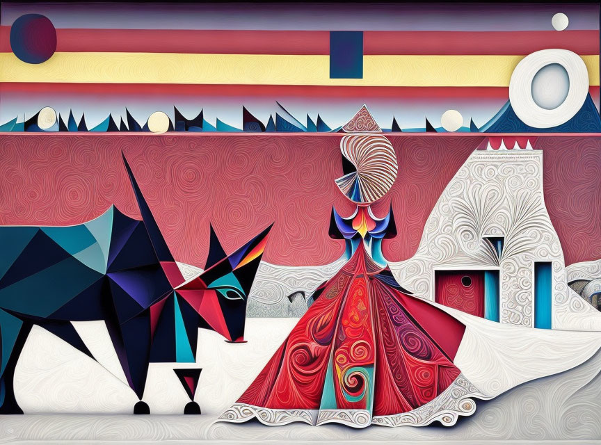 Colorful geometric shapes depict canine and person near whimsical building