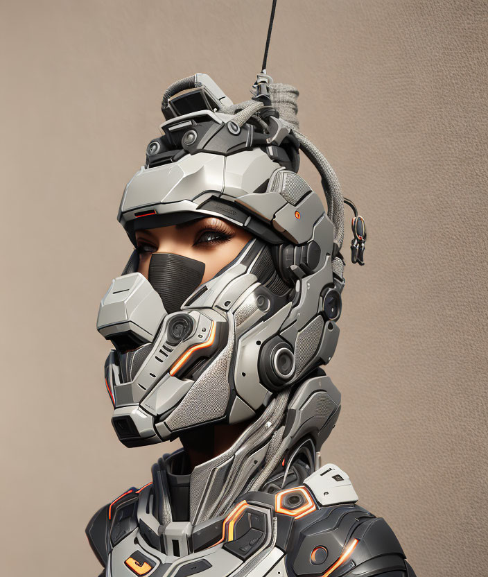 Futuristic portrait of person in metallic combat armor helmet