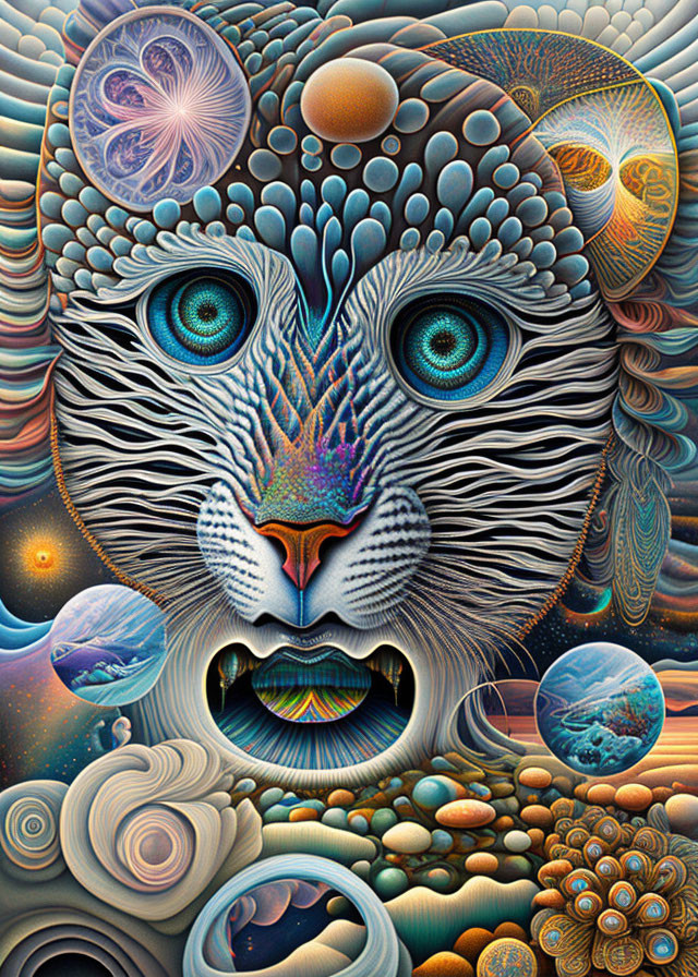 Abstract lion's face with cosmic and fractal patterns