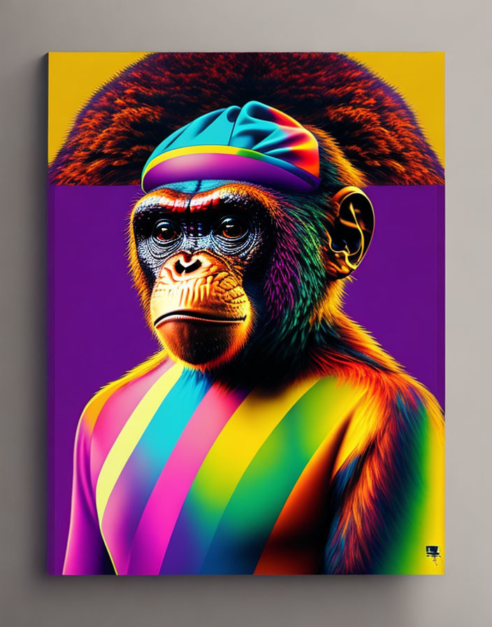 Colorful Anthropomorphized Monkey Artwork with Blue Cap and Striped Suit