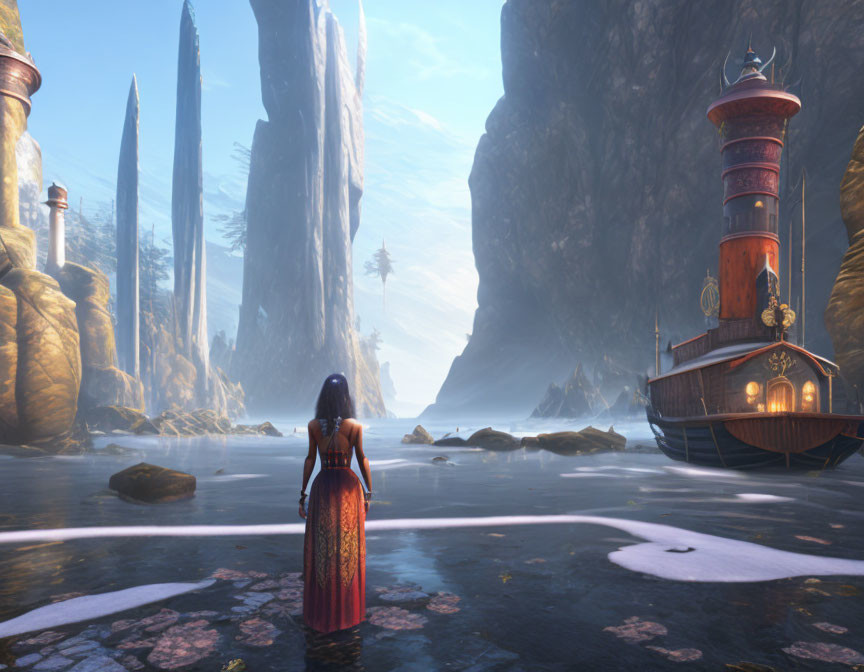 Woman in red dress gazes at bay with ship and rock formations under hazy sky