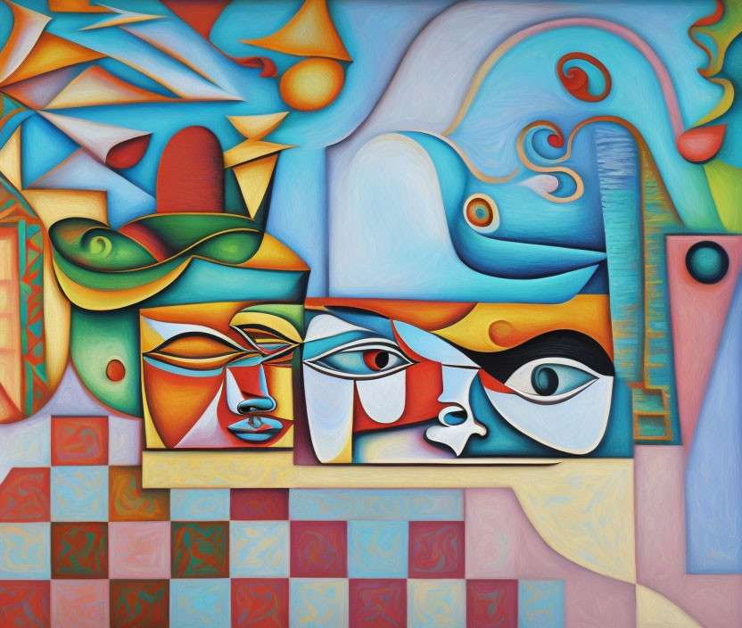 Colorful Abstract Painting with Geometric and Curvilinear Shapes and Stylized Eyes and Facial Features