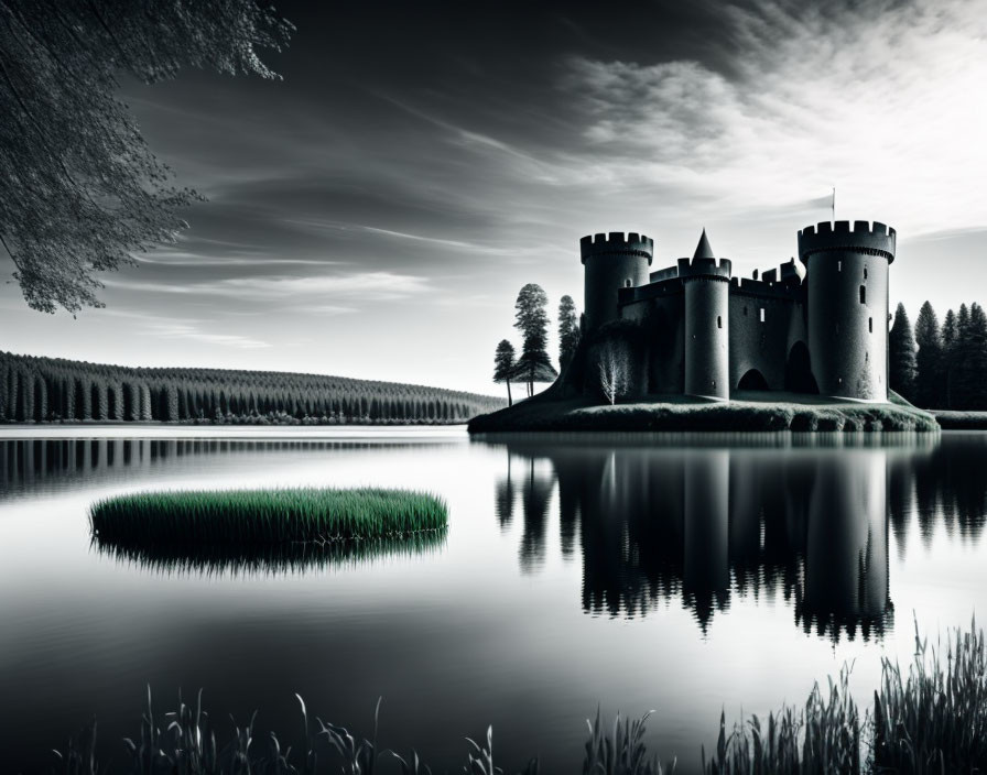 Serene lake with medieval castle and trees under cloudy sky