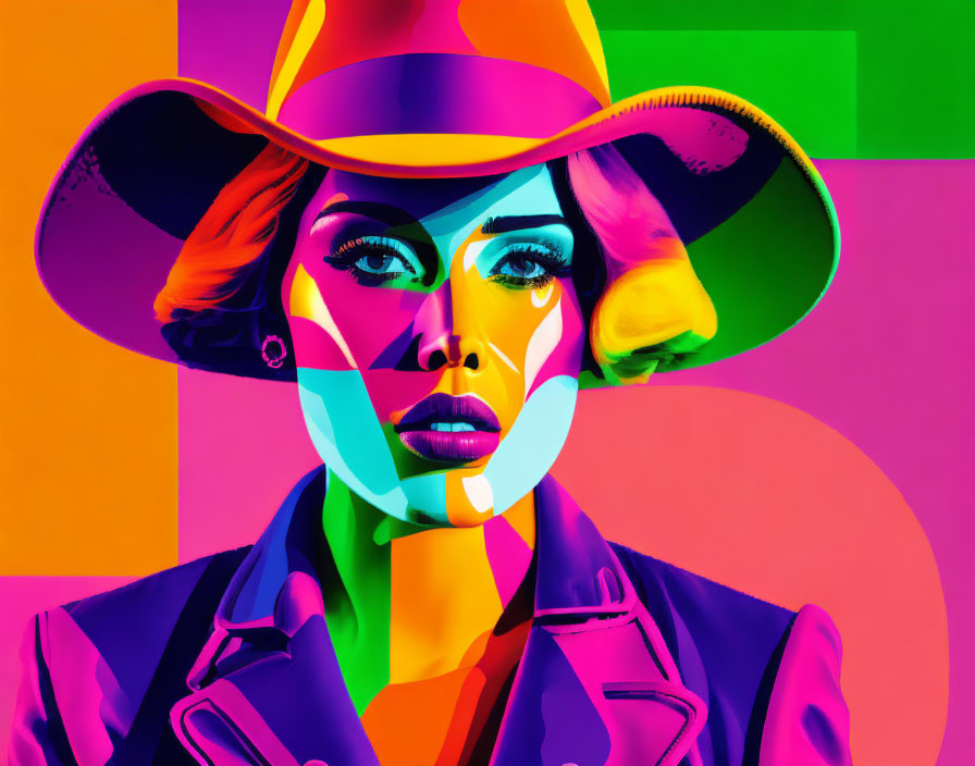 Vibrant pop art portrait of a woman with stylized makeup and wide-brimmed hat