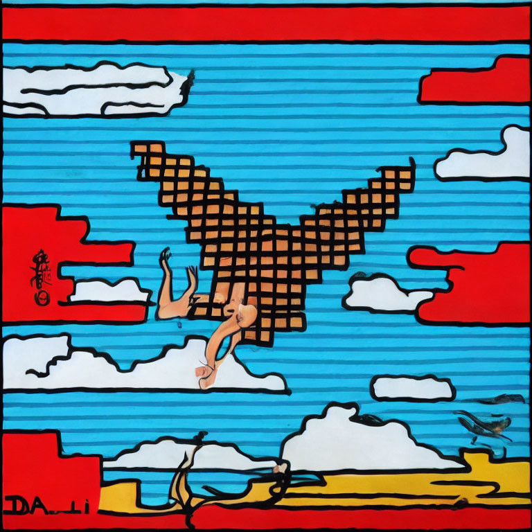 Checkered eagle in flight over red and blue background with surreal elements