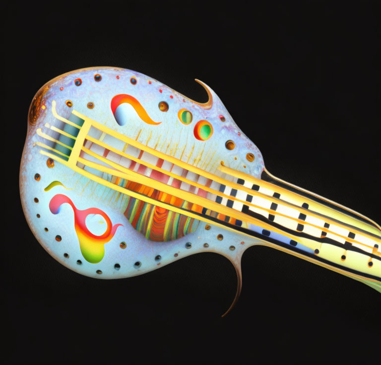 Vibrant surreal guitar art on black background