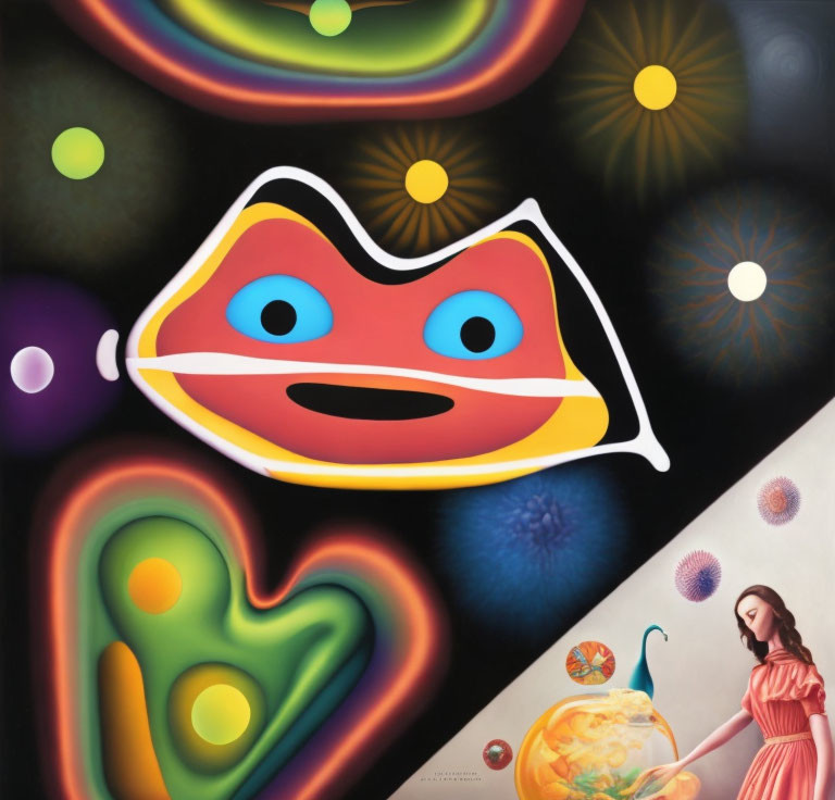 Colorful Abstract Art: Smiling Entity, Celestial Orbs, Woman with Peacock