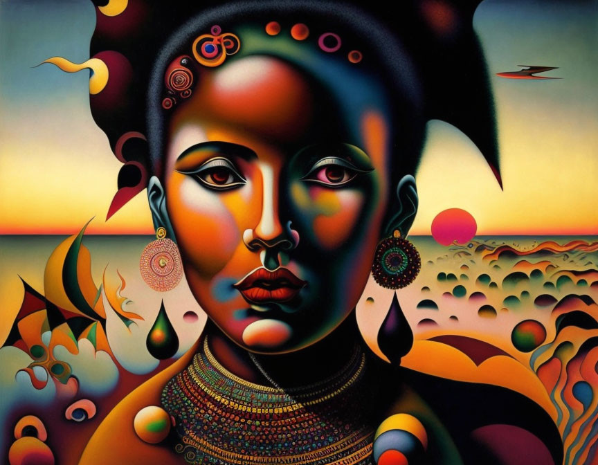 Vibrant surreal portrait of a woman with traditional adornments in abstract landscape