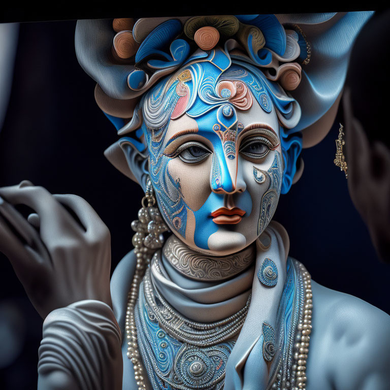 Blue and white painted statue of figure with intricate patterns and jewelry