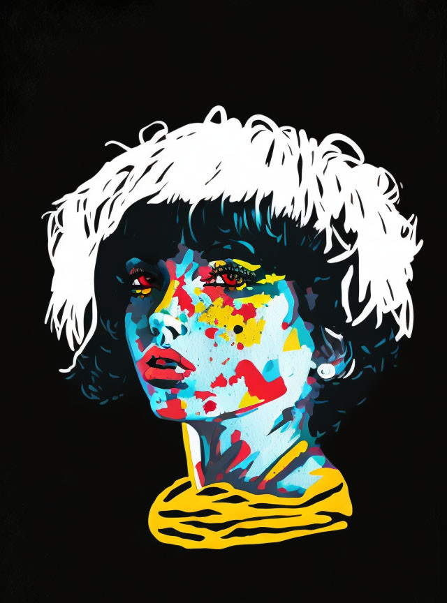 Vibrant pop art portrait of woman with white bob haircut