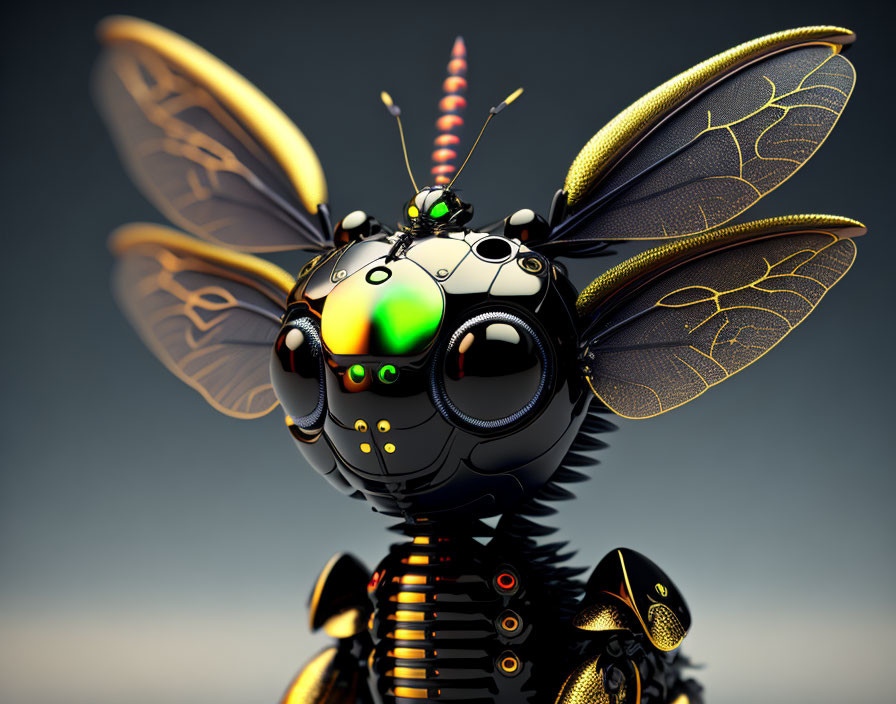 Detailed Mechanical Bee with Black and Gold Designs on Grey Background