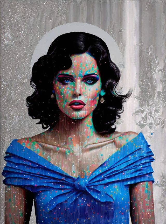 Vibrant pop art portrait of woman in blue dress and colorful skin against patterned background