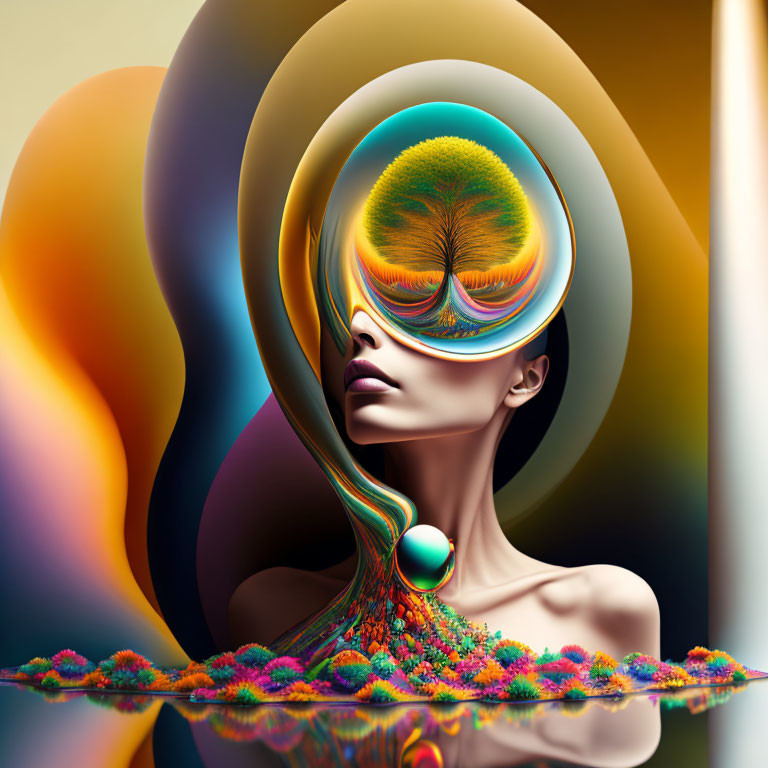 Surreal artwork: woman with tree brain, colorful waves, vibrant abstract background