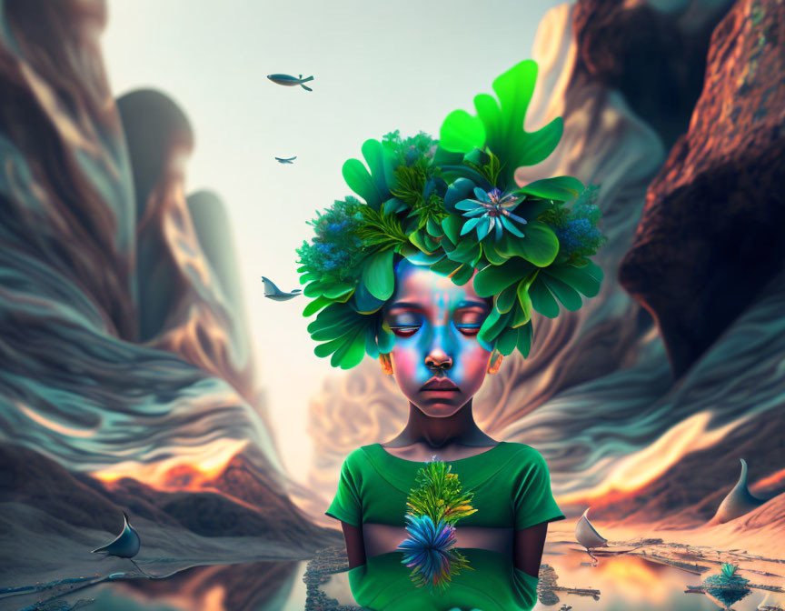 Child with surreal plant headpiece in dreamy landscape with flying fish