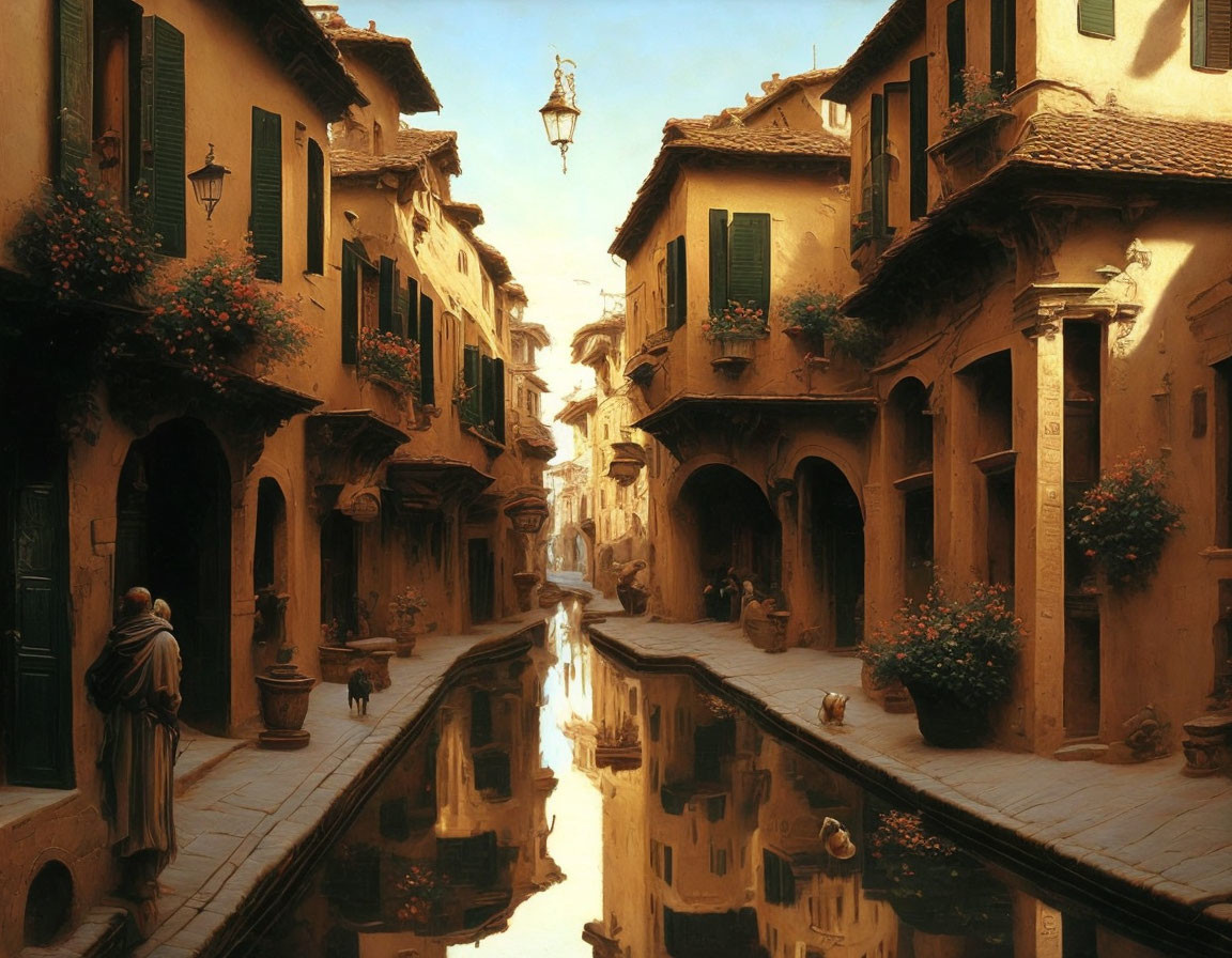 Terracotta buildings on old-world street with hanging plants, reflecting in warm light