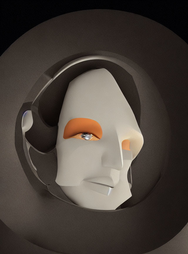 Abstract 3D Art: Human-like Face with Fragmented Features in White and Orange on Spiraling