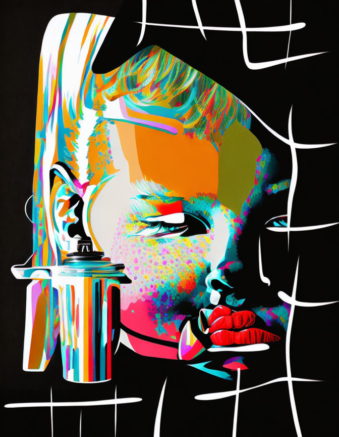 Colorful Abstract Portrait with Spray Paint Can Profile on Black Background