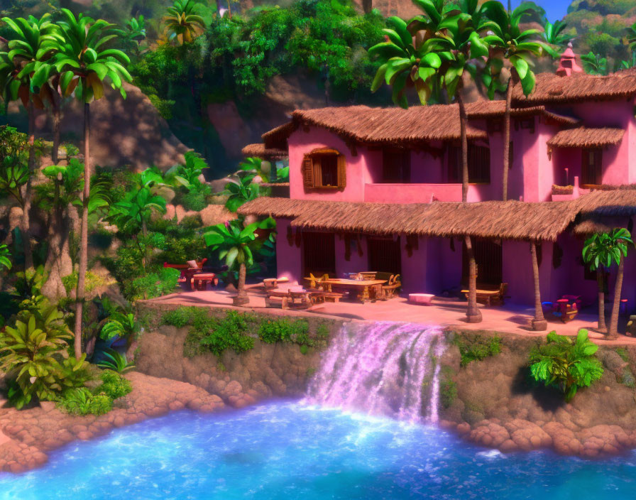 Tranquil animated scene: Pink house, waterfall, blue lagoon, lush greenery