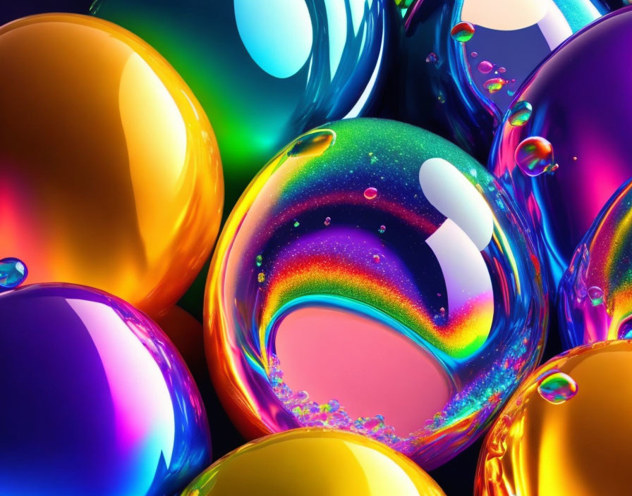 Colorful Glossy Spheres with Rainbow Bubbles in Abstract Composition