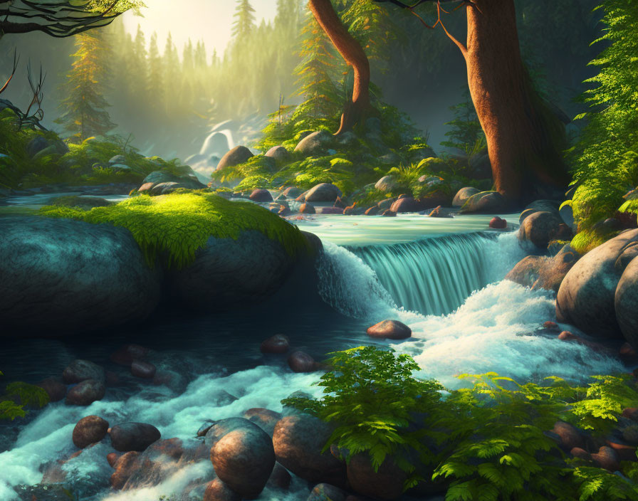 Tranquil forest landscape with waterfall, rocks, stream, and sunlight.