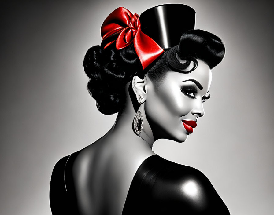 Grayscale image of woman with styled updo, red bow, top hat, and red lipstick