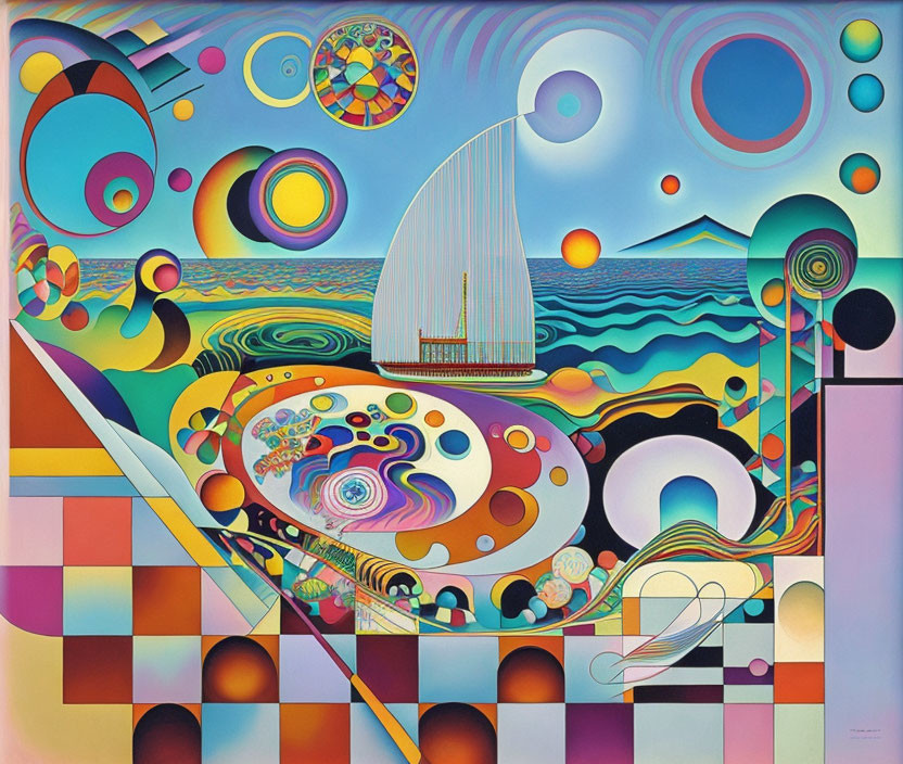 Colorful Abstract Artwork: Geometric Shapes, Patterns, Sailboat, Cool and Warm Tones