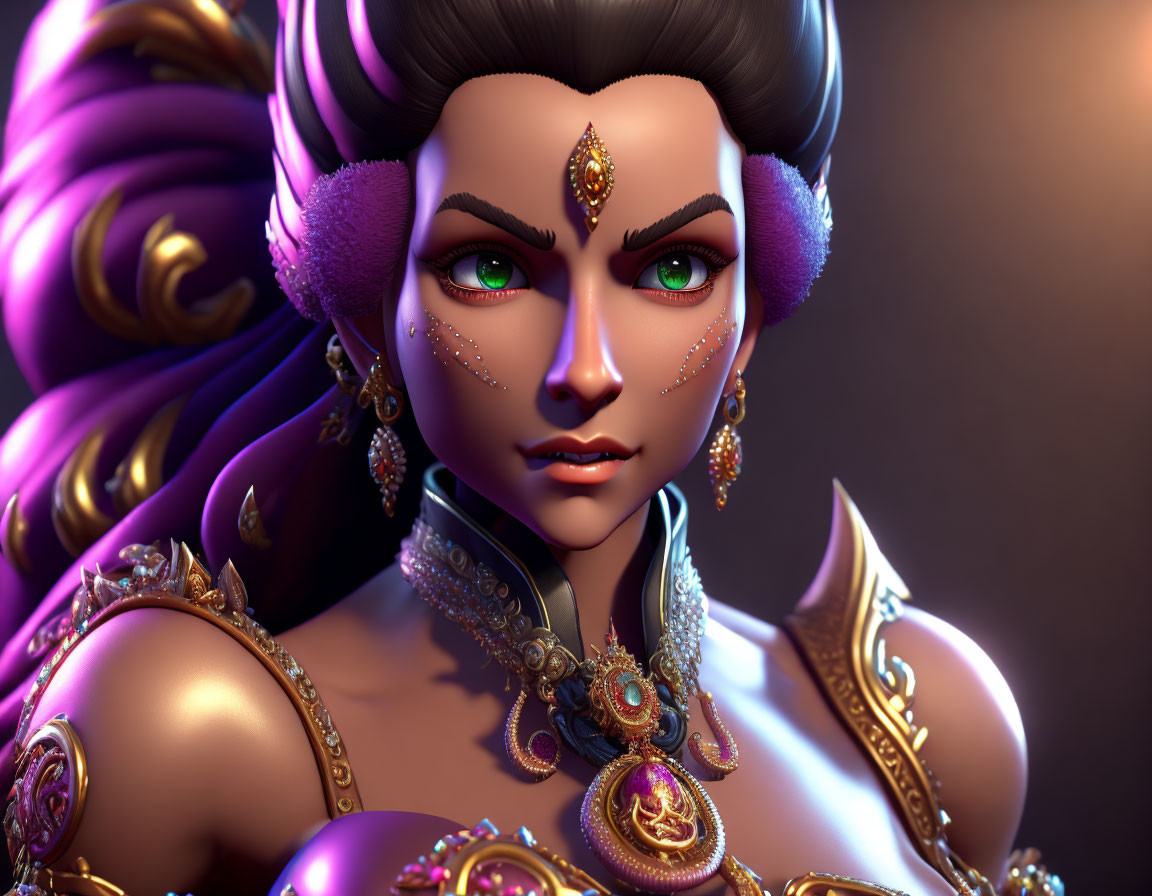 Vibrant purple hair woman with elaborate jewelry in 3D render